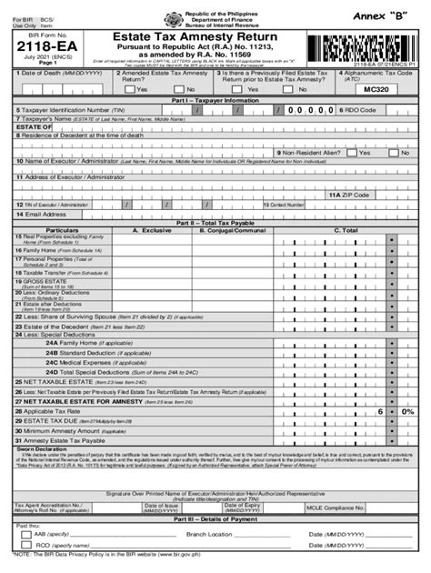 Republic of the Philippines For BIR BCS/ Use Only Estate Tax.
